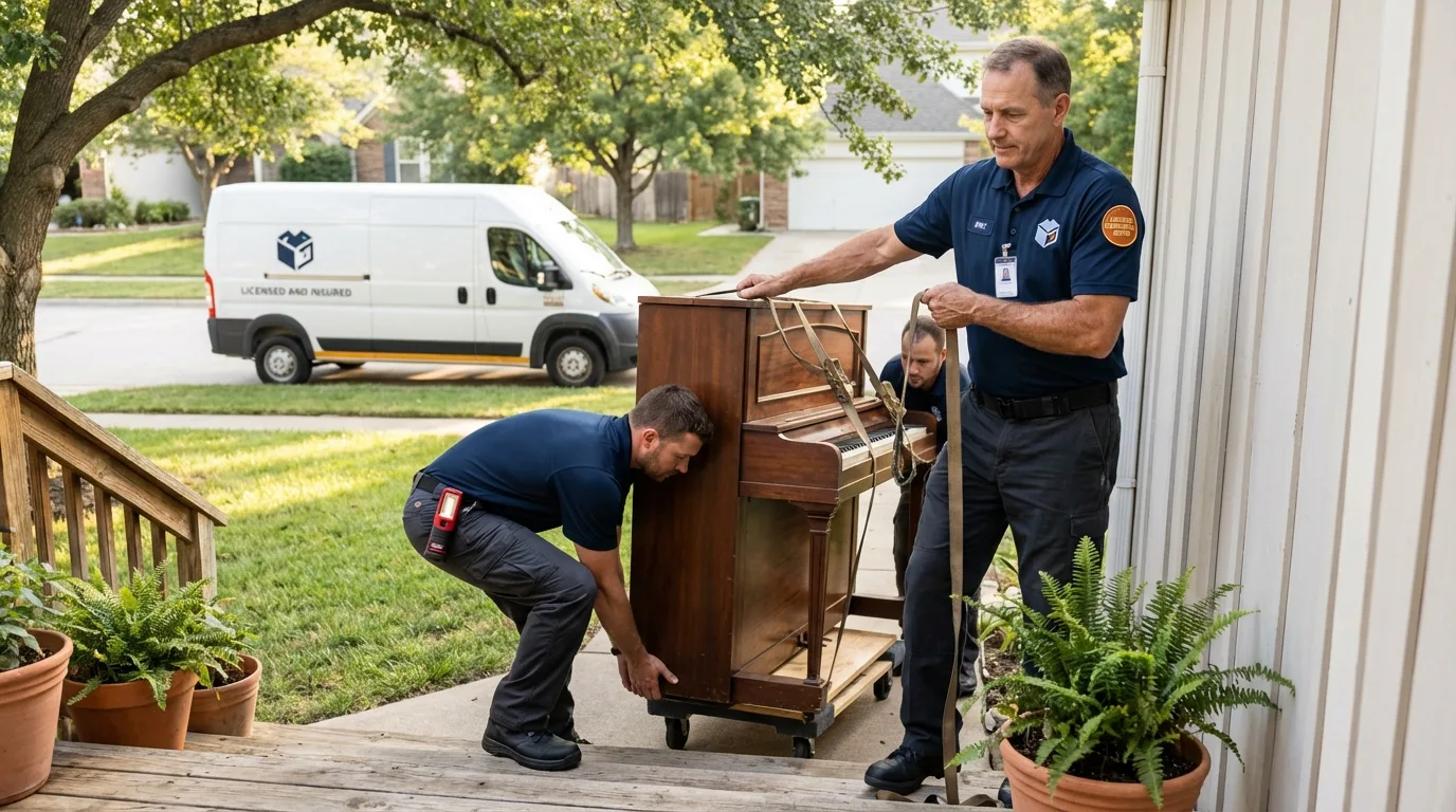 Licensed piano movers securing grand piano in Brewster, WA