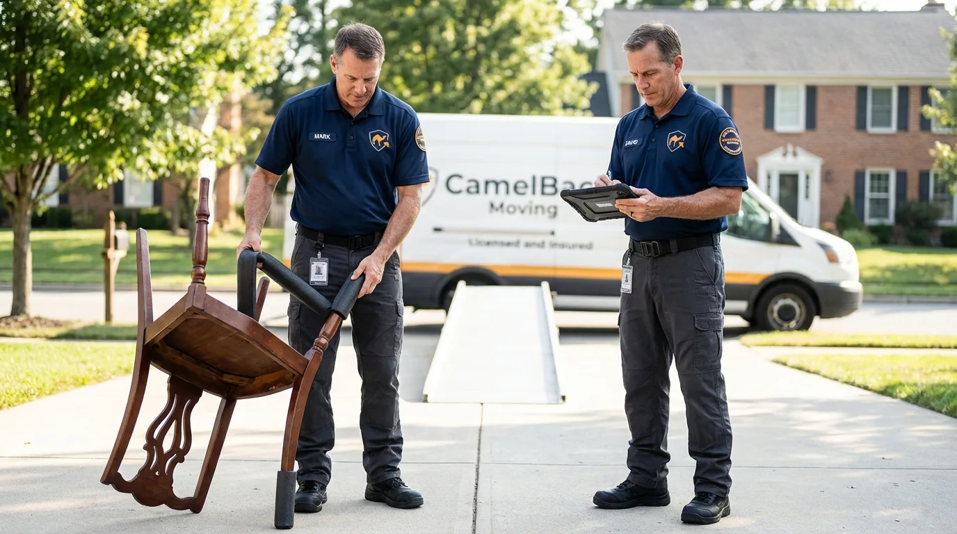 Movers inspecting furniture for damage prevention before loading in Brewster, WA
